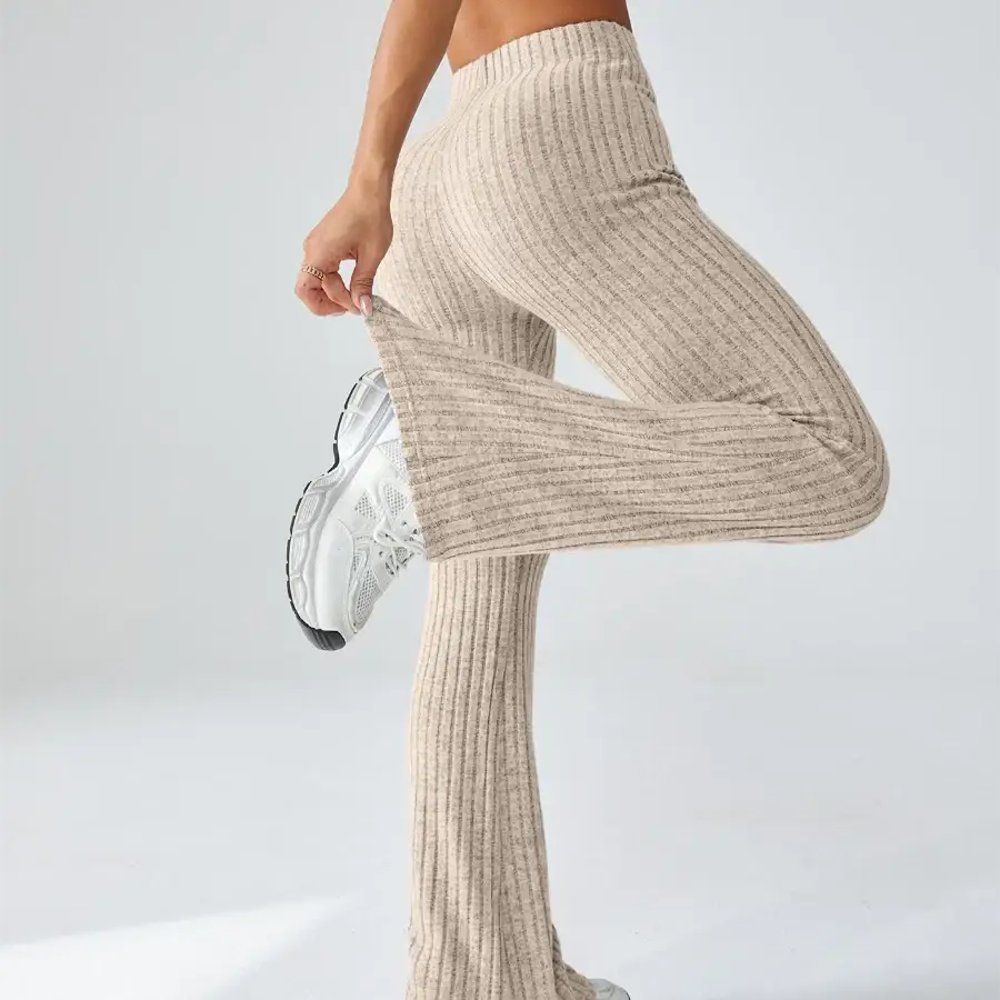 Ribbed Flare Pants - Beige / S