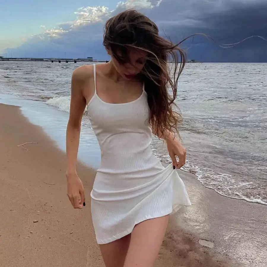 Ribbed Tank Top Dress - White / S