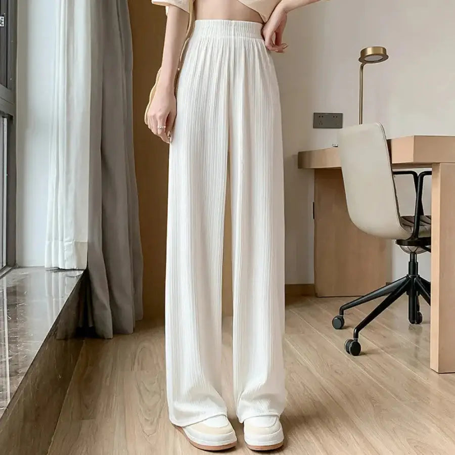 Ribbed Wide Leg Pants - White / S