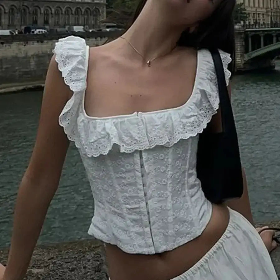 Ruffle Corset Top - White / XS