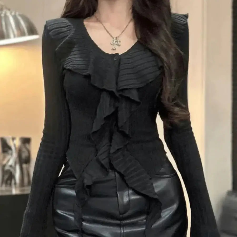 Ruffle Sleeve Sweater - Black / S