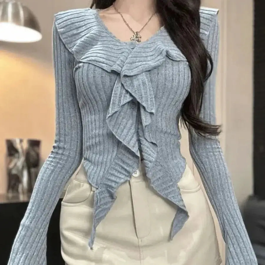 Ruffle Sleeve Sweater - Blue / S