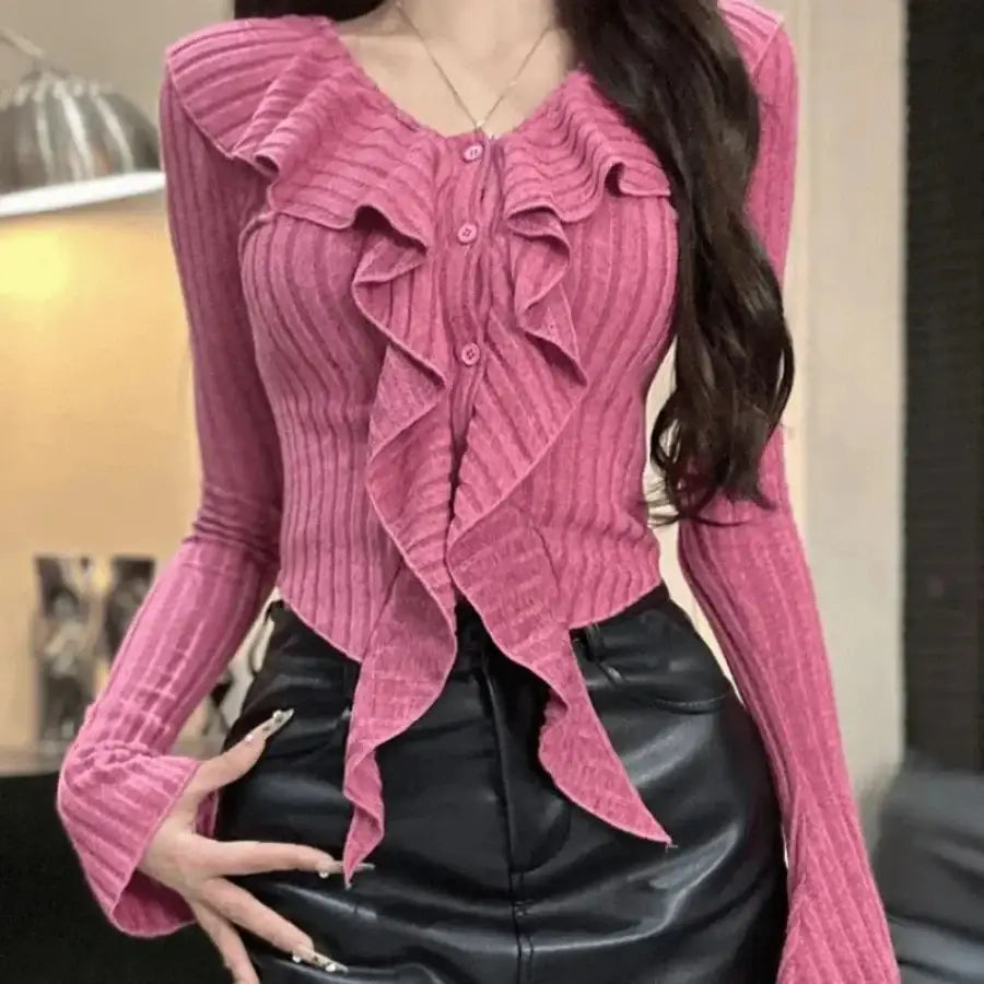 Ruffle Sleeve Sweater - Pink / S
