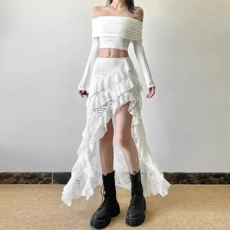 Ruffle Slit Skirt - White / S