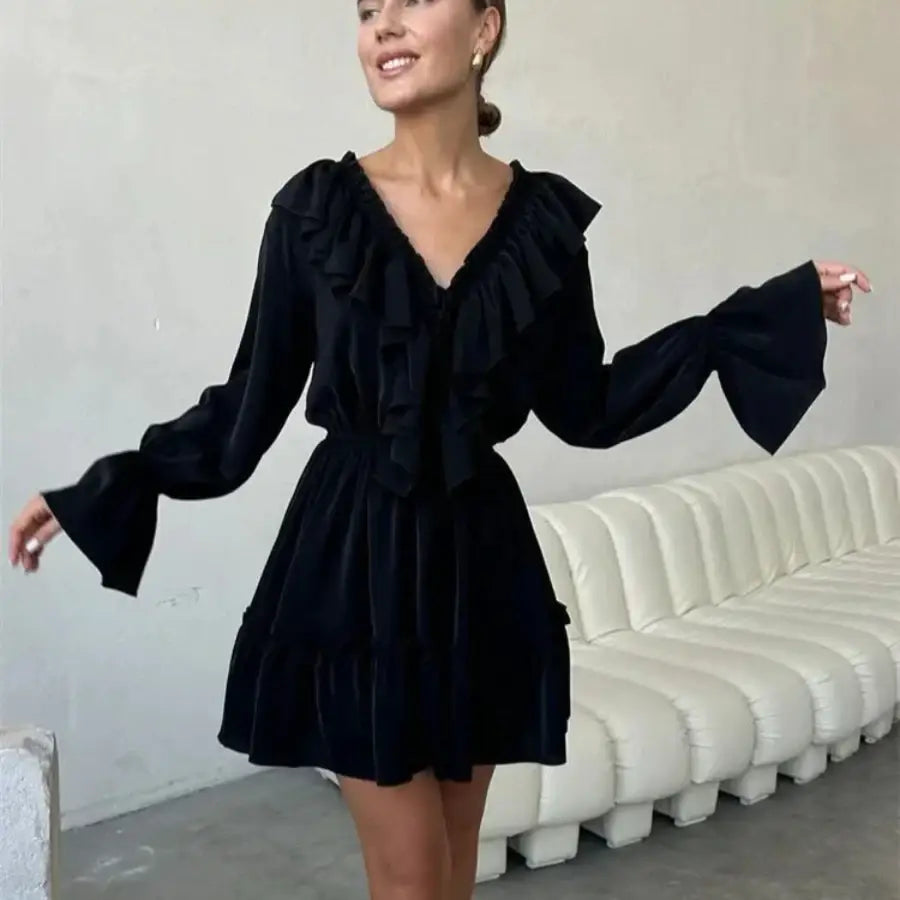 Ruffled V Neck Dress - Black / S