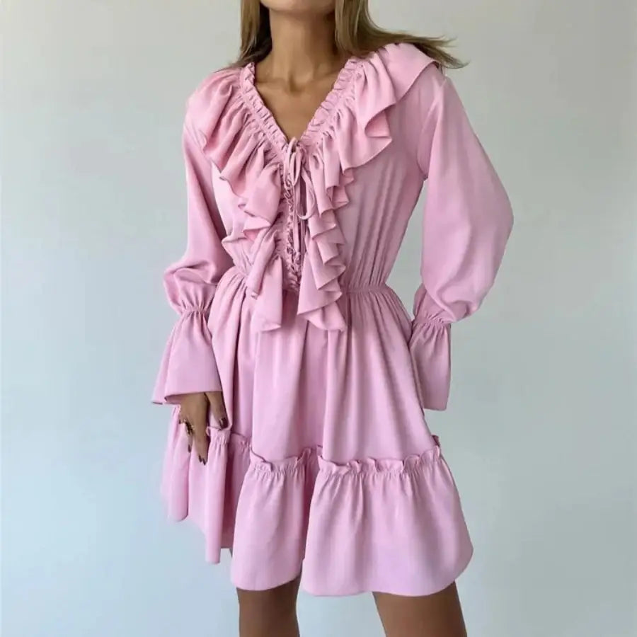 Ruffled V Neck Dress - Pink / S