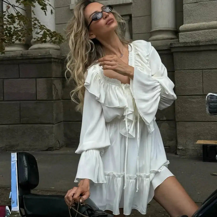 Ruffled V Neck Dress - White / S