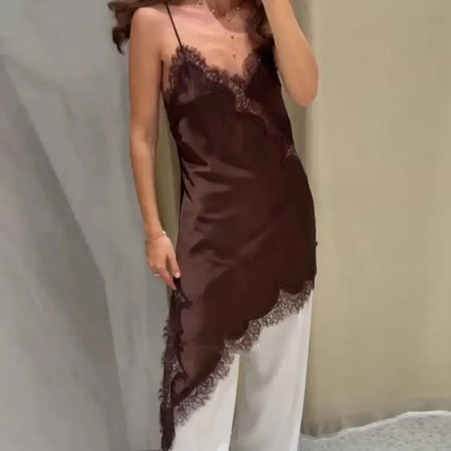Satin Lace Dress Brown / S