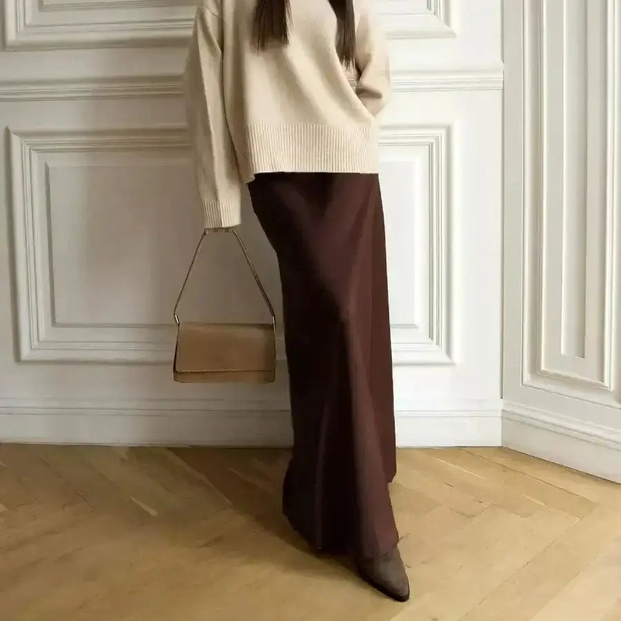 Satin Long Skirt - Brown / S