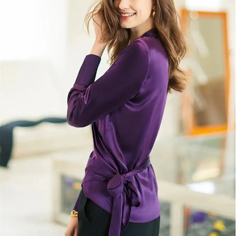 Satin Wrap Shirt - Purple / L