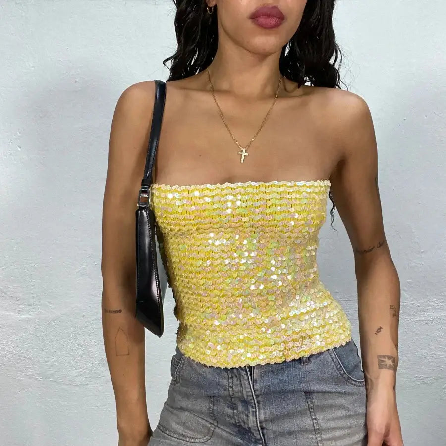 Sequin Strapless Top - Yellow / S