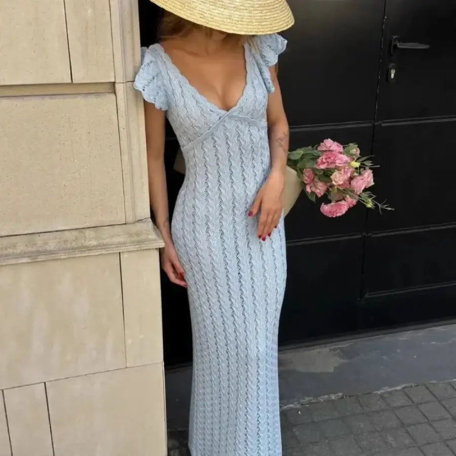 Short Sleeve Knit Dress - Blue / S