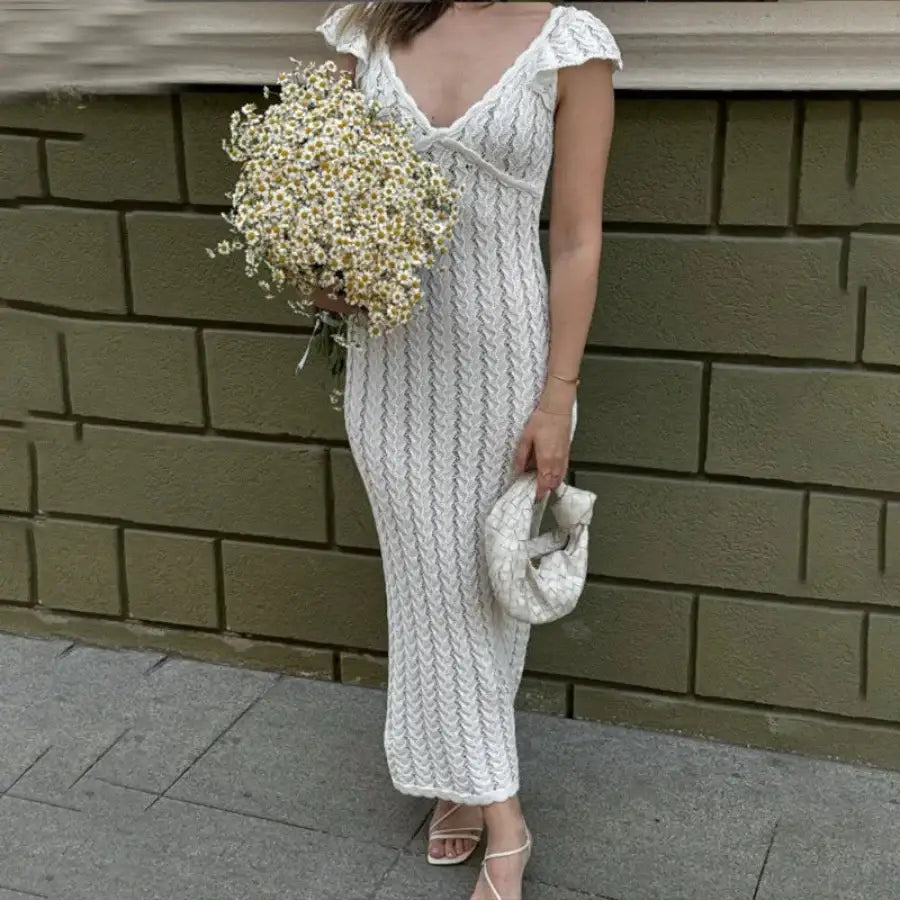 Short Sleeve Knit Dress - White / S