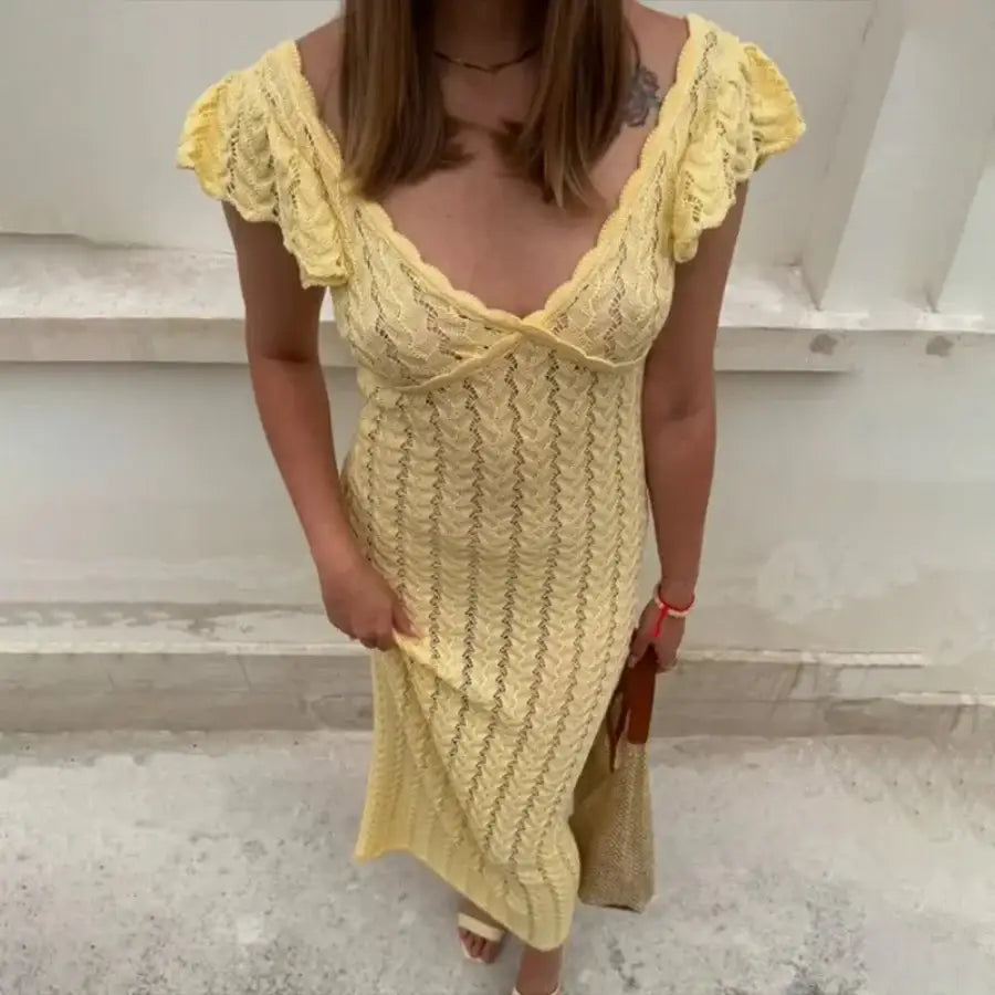 Short Sleeve Knit Dress - Yellow / S