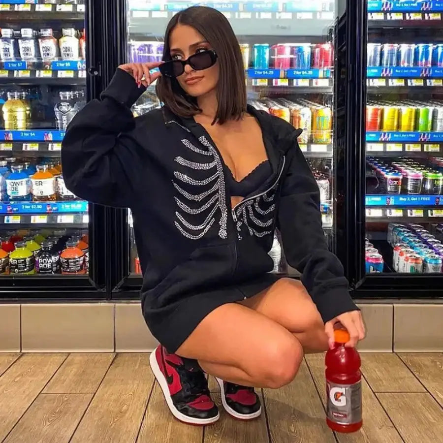 Skeleton Zip-Up Hoodie - Black / S