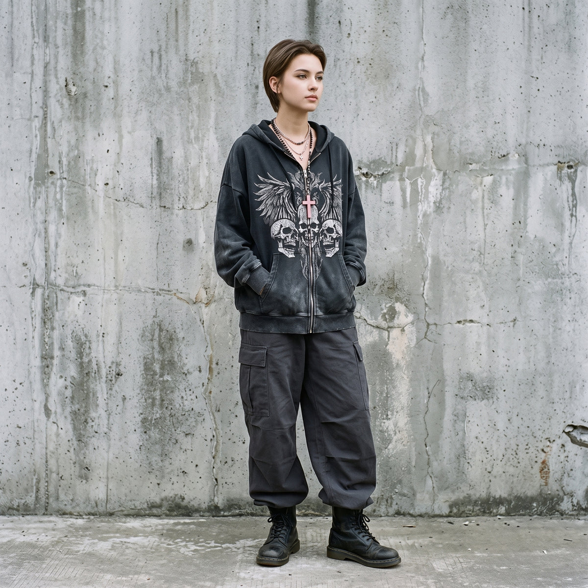 Woman wearing the washed black Skull zip up hoodie, full length