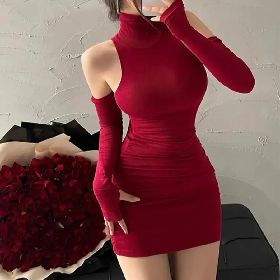 Sleeveless Turtleneck Mini Dress - Red / S
