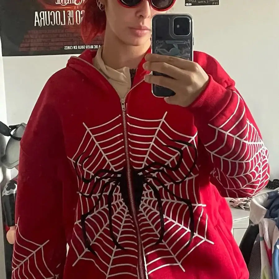 Spider Web Zip Up Hoodie - Red / M