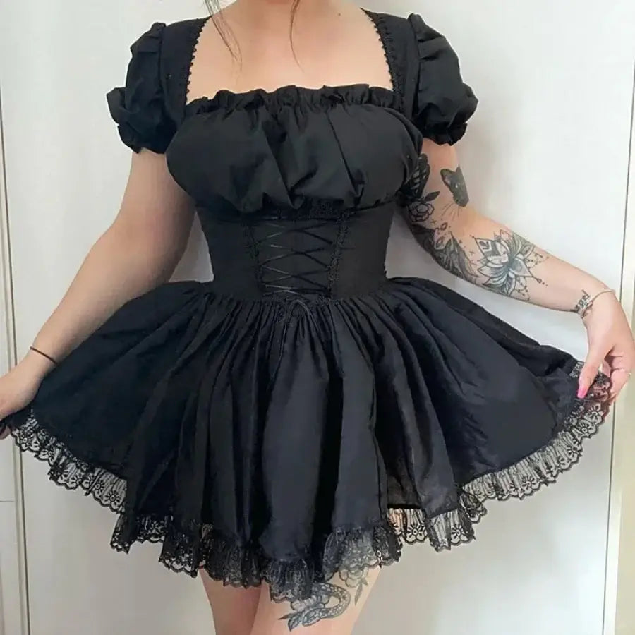Square Neck Puff Sleeve Dress - Black / S