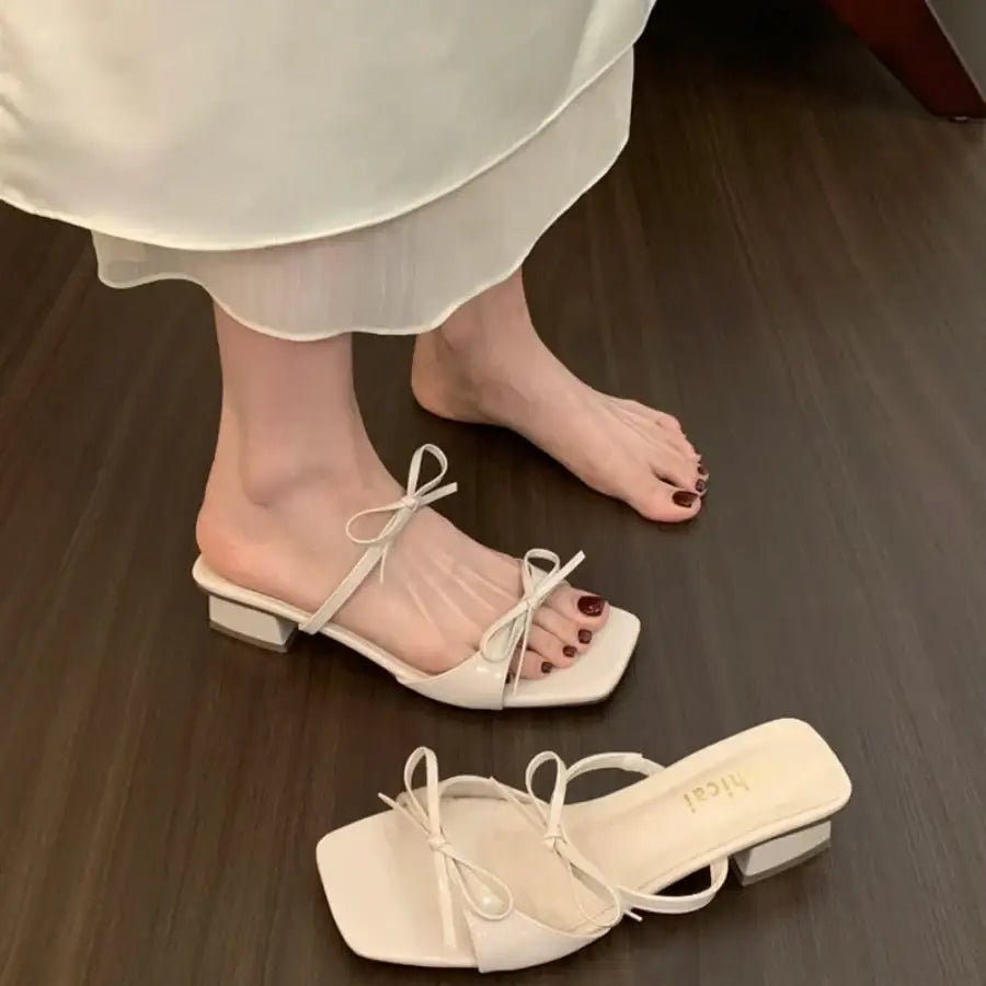 Square Toe Sandals Low Heel Beige / 5.5
