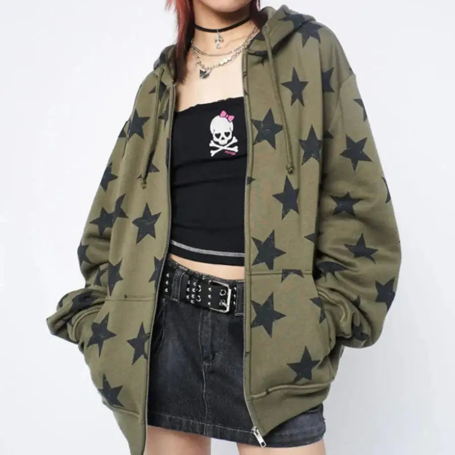 Star Zip Up Hoodie - Green / S