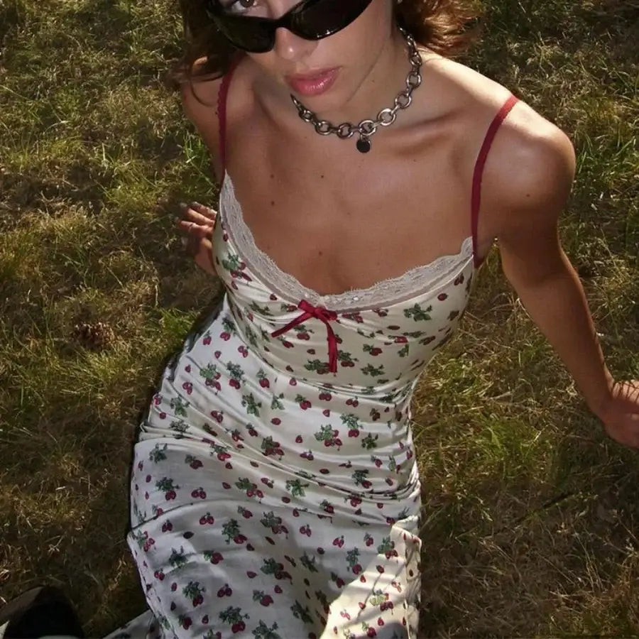 Strawberry Print Dress - White / S