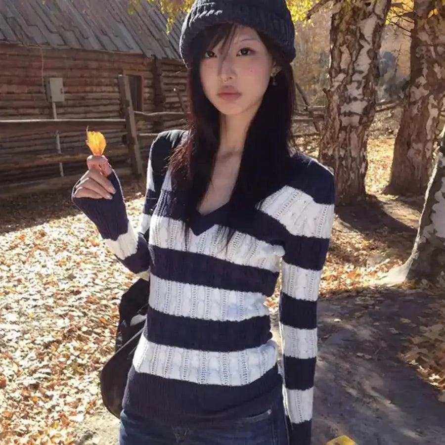 Striped Cable Knit Sweater - S