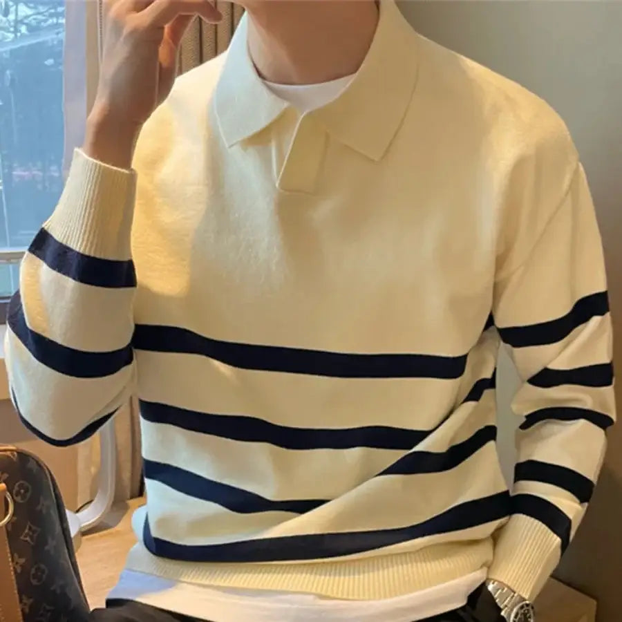 Striped Collar Sweater - White / M