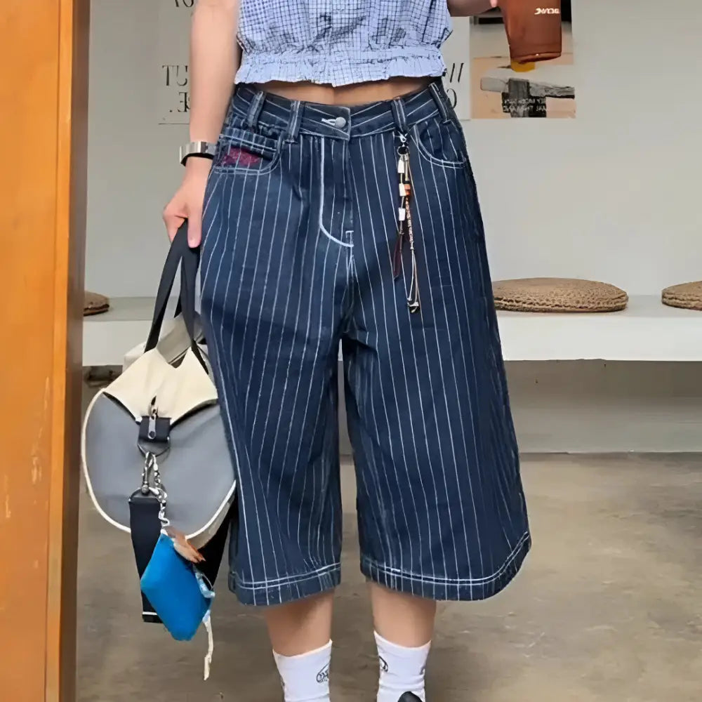 Striped Denim Shorts - S