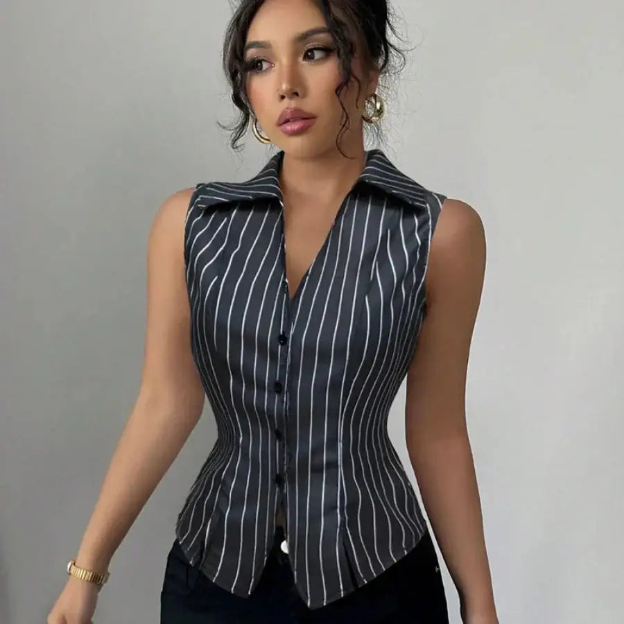 Striped Sleeveless Shirt - Black / S