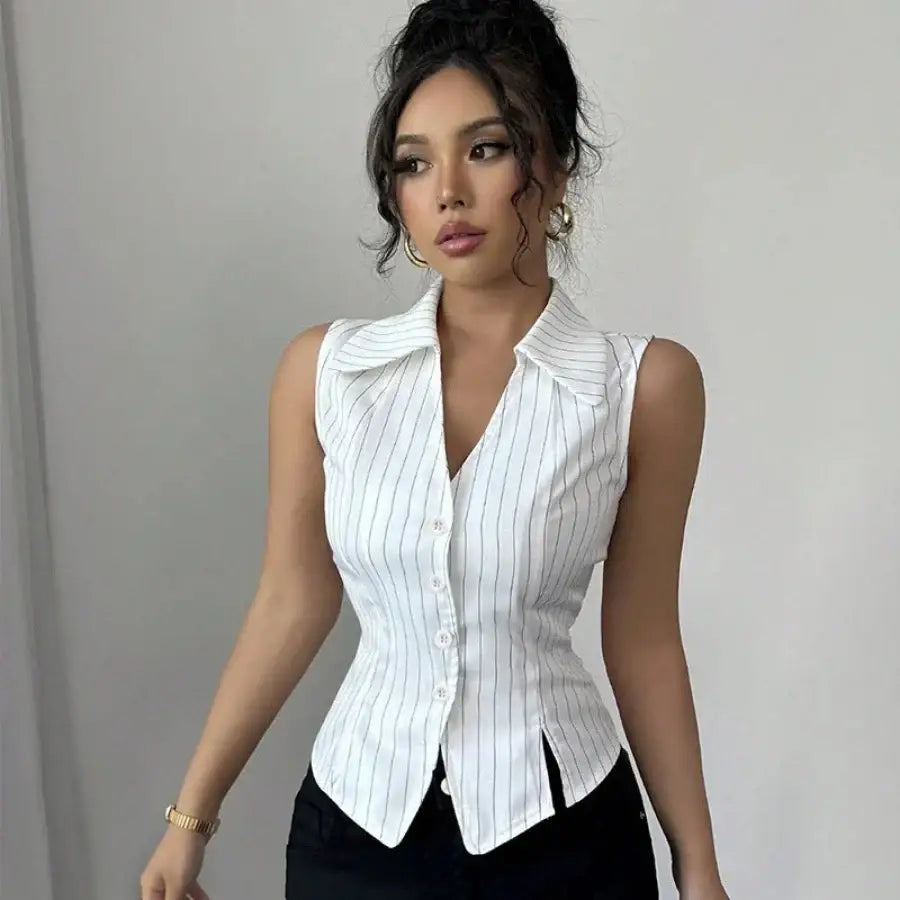Striped Sleeveless Shirt - White / S
