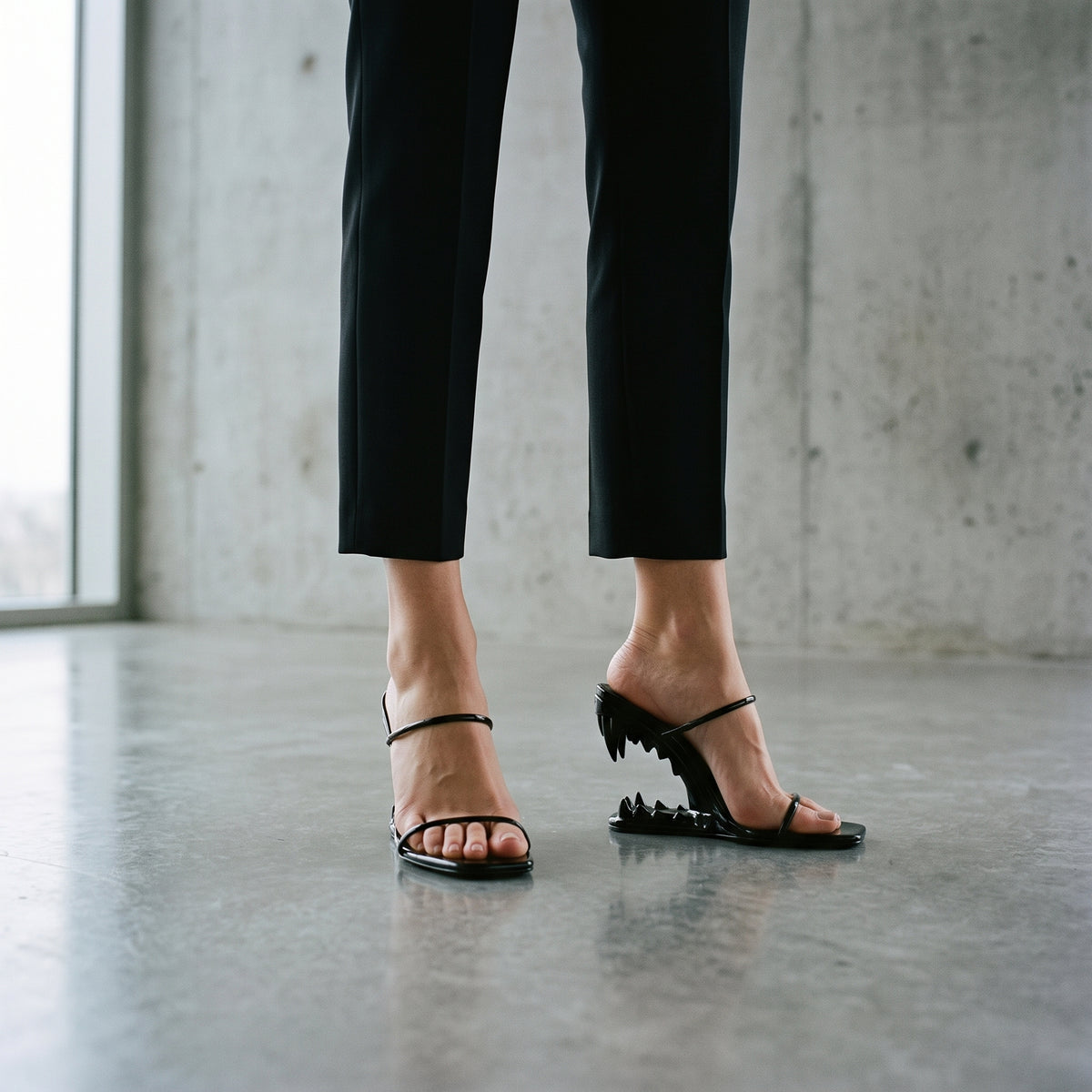 Woman wearing the Teeth Heels sandals with black tailored trousers
