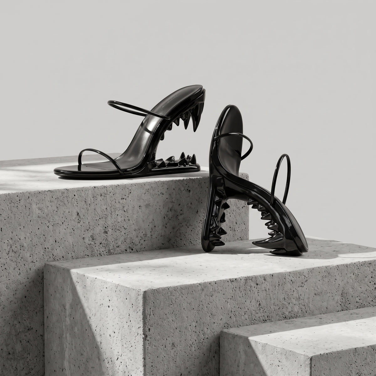 Pair of Teeth Heels arranged on concrete plinths, sculpted jaw heel in profile