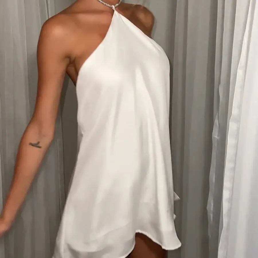 Tie Neck Halter Dress - White / S