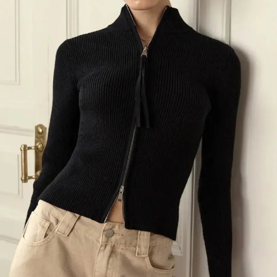 Turtleneck Double Zip Sweater - Black / S