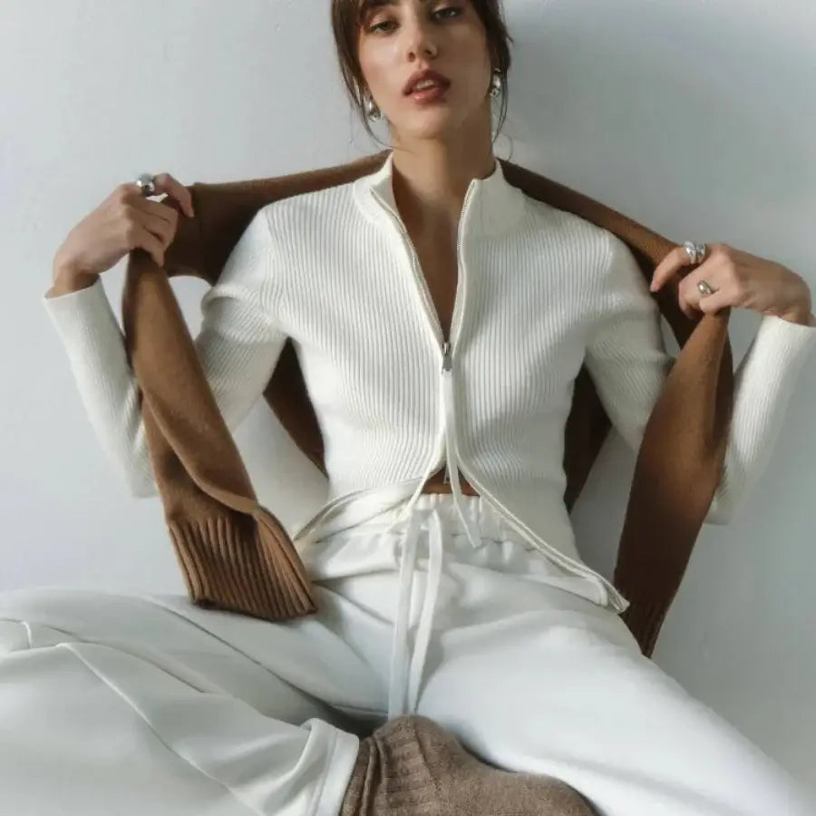 Turtleneck Double Zip Sweater - White / S