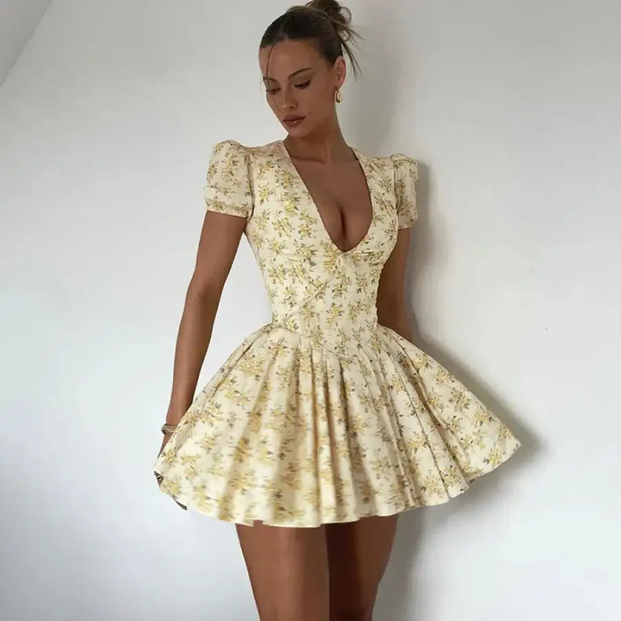 V Neck Puff Sleeve Dress