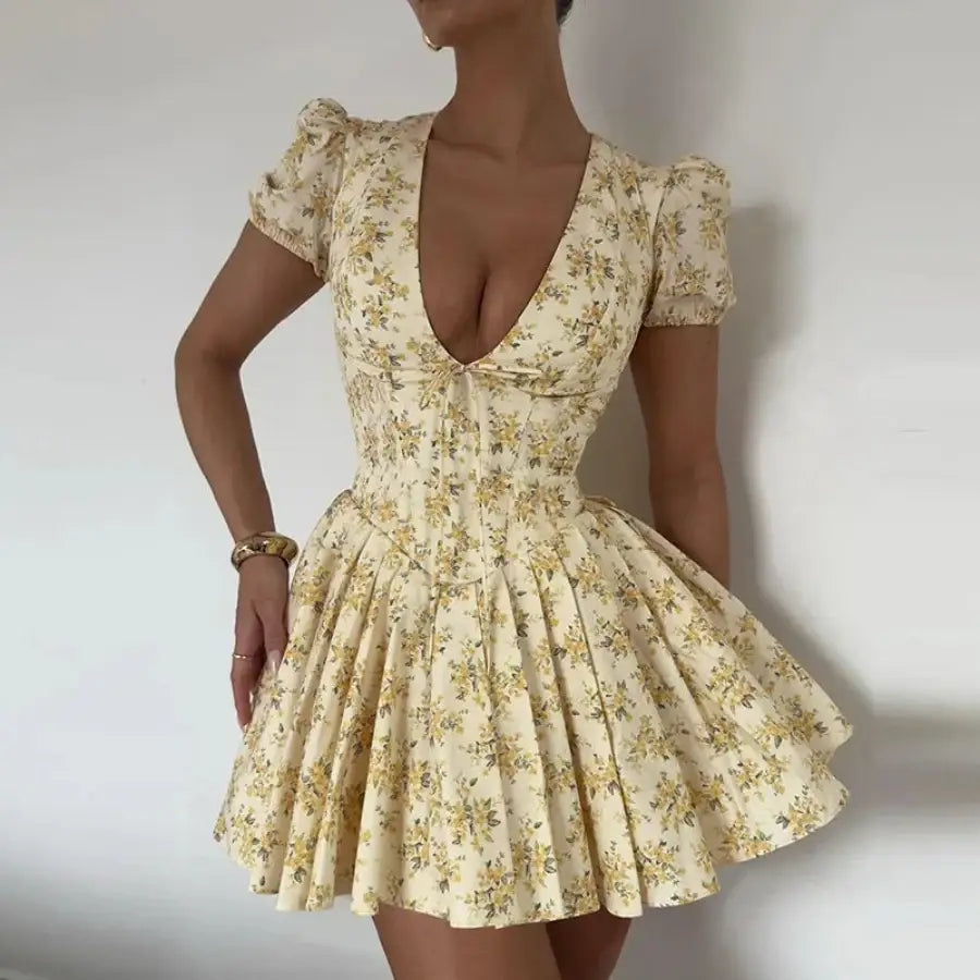 V Neck Puff Sleeve Dress - S