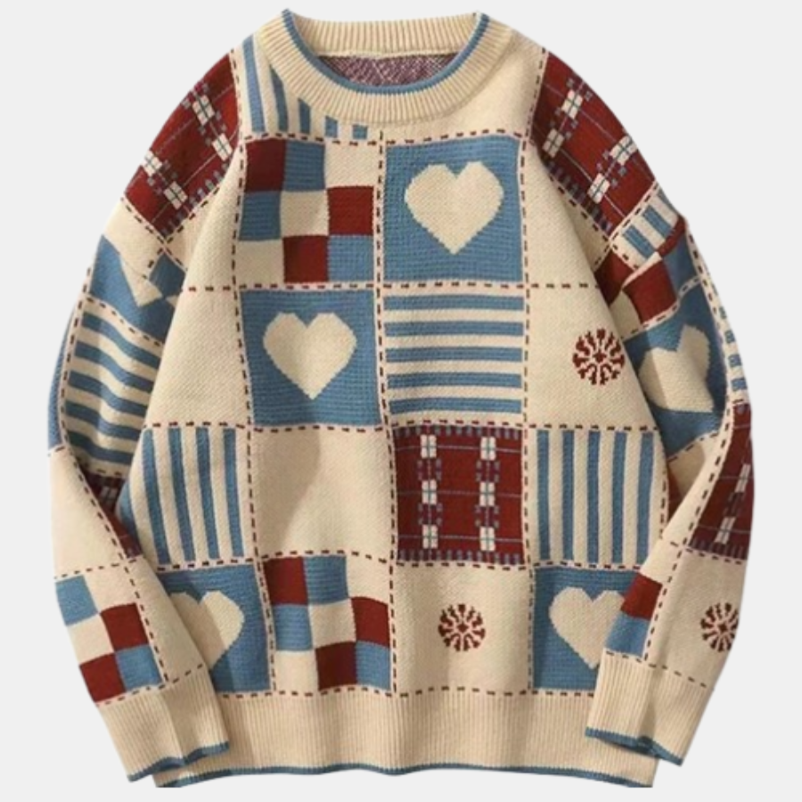 Vintage heart pattern sweater - White / S