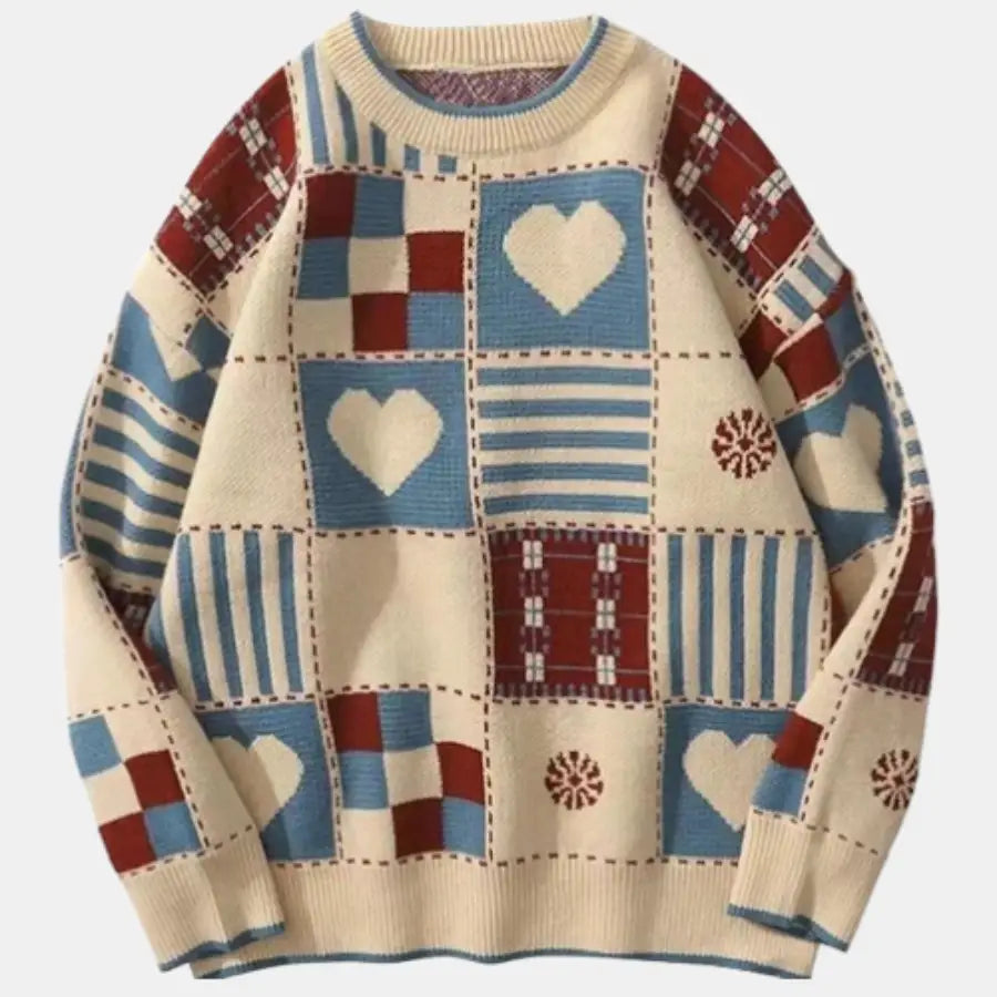Vintage Heart Pattern Sweater - White / S