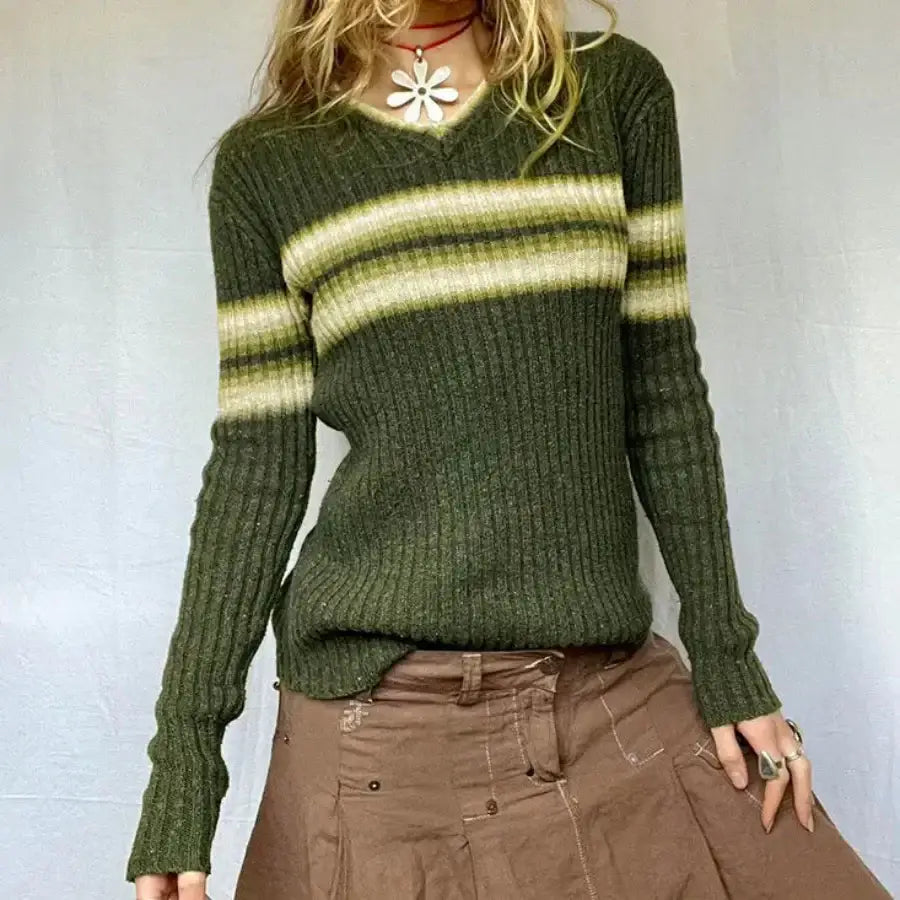Vintage Retro Striped Sweater - Green / S