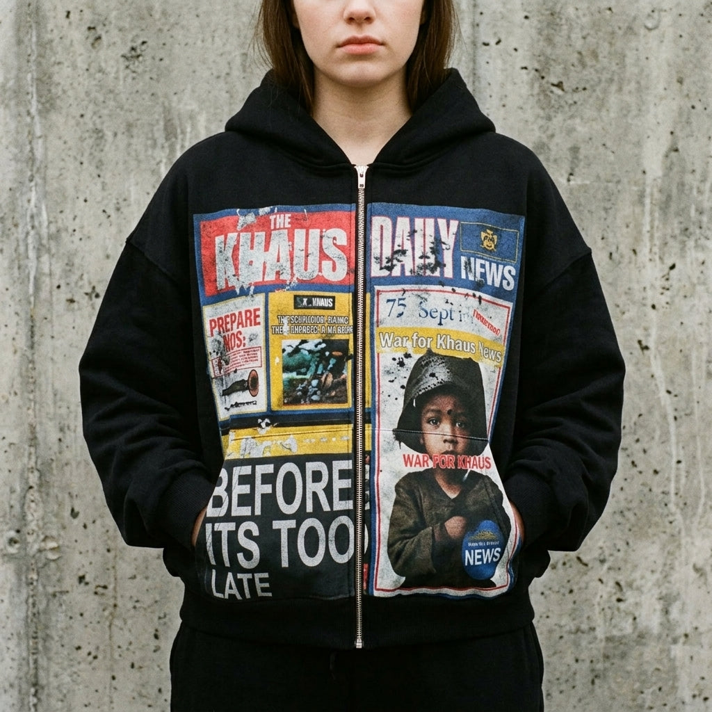 Close-up of the War for Khaus hoodie newspaper-collage front print