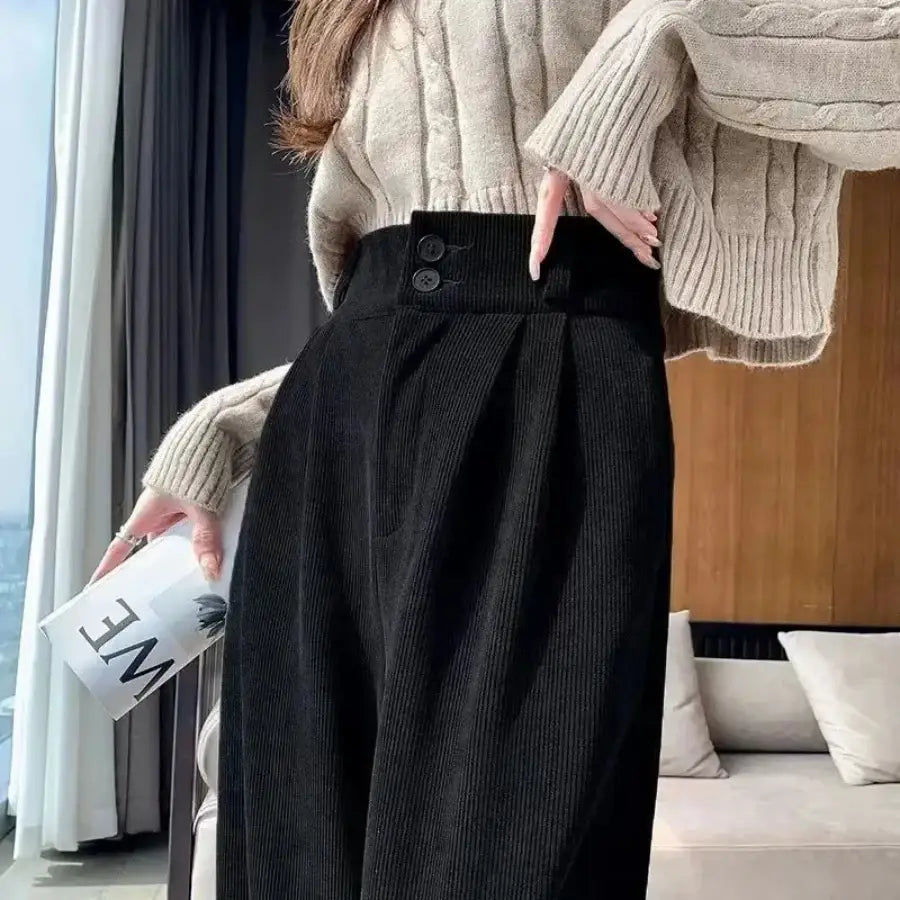 Wide Leg Corduroy Pants - Black / S