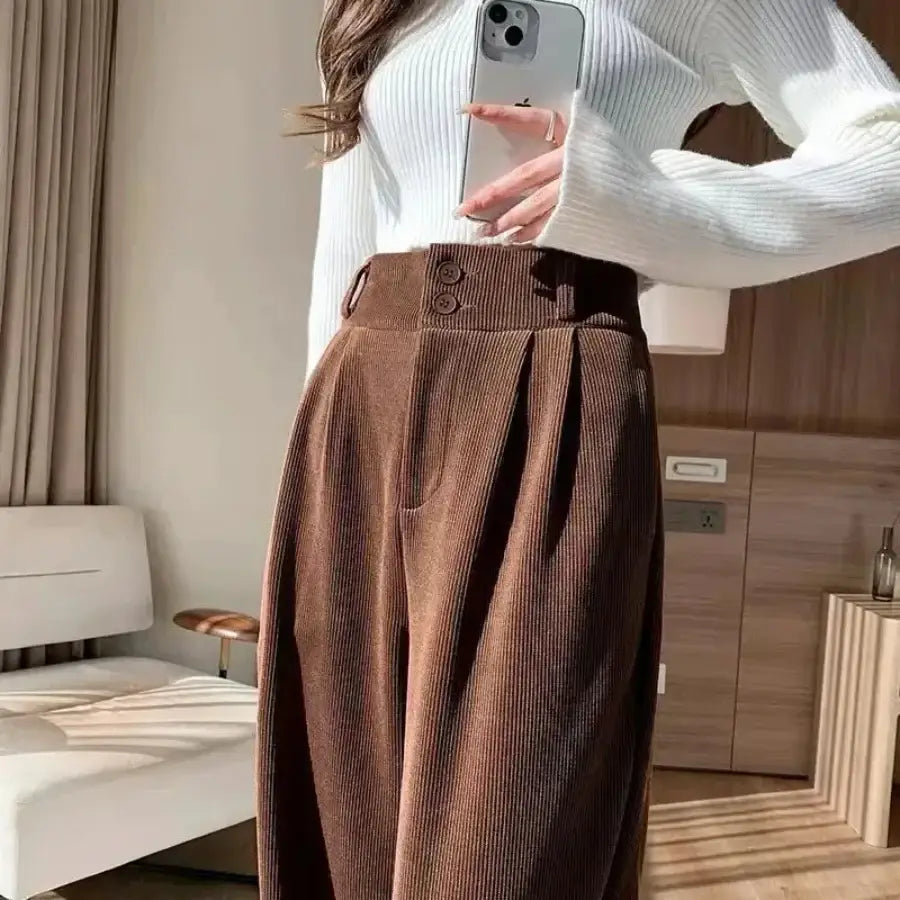 Wide Leg Corduroy Pants - Brown / S