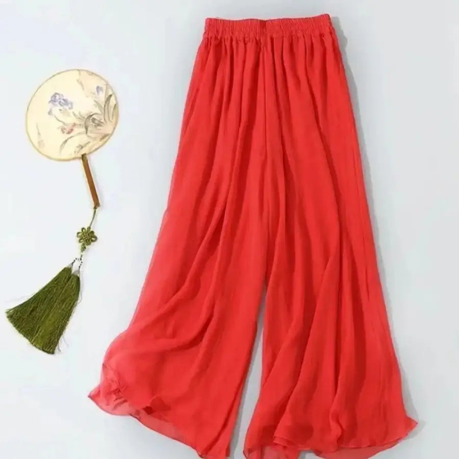 Wide Leg Flowy Pants - Red / M