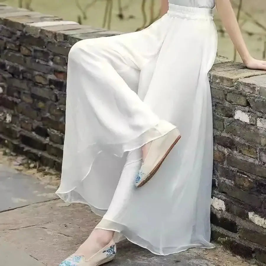 Wide Leg Flowy Pants - White / M